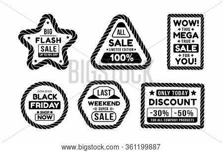 Set Of Labels For Sale. Set Of Vector Frames Made Of Rope On White Background