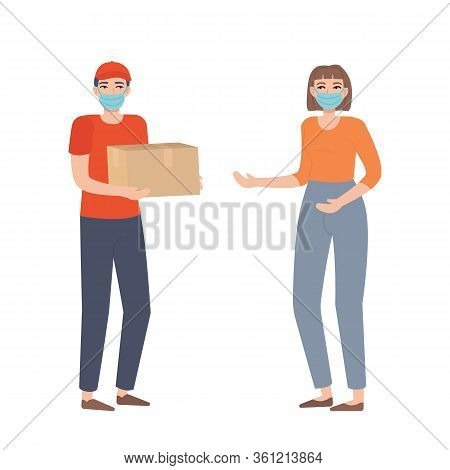 Courier Boy In A Face Mask Holding A Box. Food Or Goods Delivery During The Covid 19 Concept. Girl W