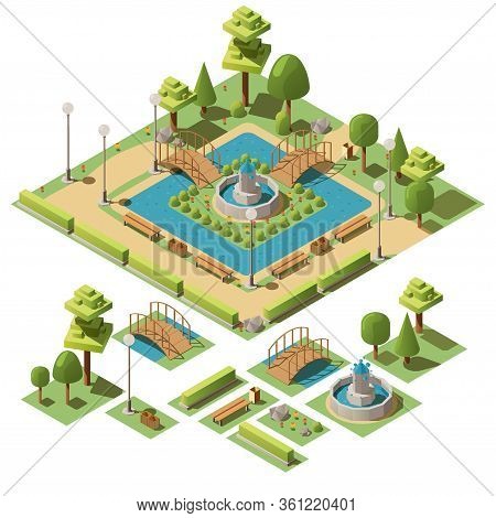 Isometric City Public Park For Recreation With Fountain, Benches, Trees, Bushes And Pond. Design Ele