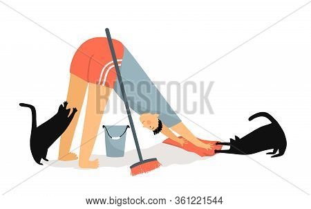 Man And Cats Doing Downward-facing Dog Pose - Asana While Cleaning Floor With Rag Broom And Bucket. 
