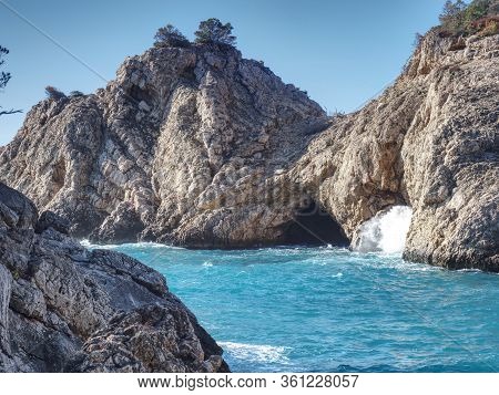 Peguera Village, Mallorca Island. Sea Wave Still  Breaks On Beach Rocks Landscape. Sea Waves Crash A