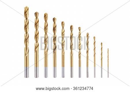 Set Of Drill Bits 6.5mm 6mm 5.5mm 5mm 4.5mm 4mm 3mm 2mm 1.5mm 1mm Isolated On White With Clipping Pa