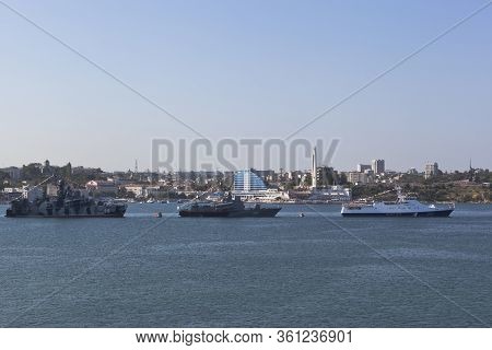 Sevastopol, Crimea, Russia - July 28, 2019: Story Of Warships In The Parade In Honor Of Navy Day In 
