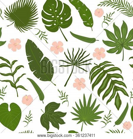 Seamless Pattern With Tropical Leaves In Vector