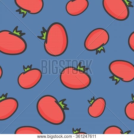 Seamless Background From Hand Drawn Tomatoes On Blue Background. Fresh Tomato Pattern.