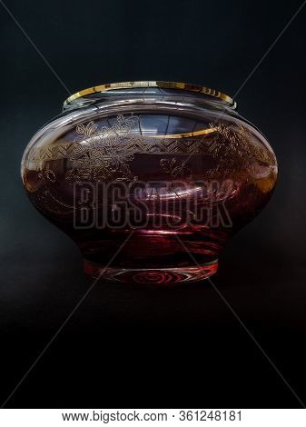 Modern Glass Vase Isolated On Black Background, Colorful Decorated Vase, Decorative Element, Gift, D