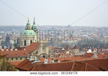 Prague, Czech Republic. March, 31, 2014. Old Town View From Rooftop To Saint Nikolay Cathedral