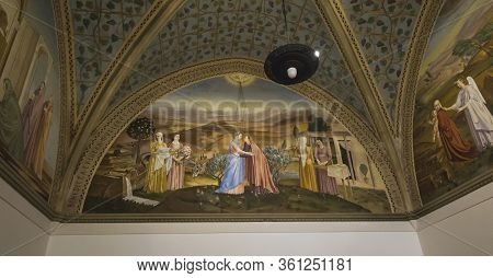 Ein Karem, Jerusalem, Israel, January 29, 2020: Fresco Depicting The Meeting Of Mary With Elizabeth 