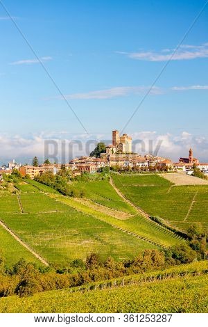 View of the village of Serralunga d`Alba and the wonderful Langa, italy