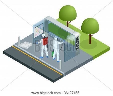 Isometric Man Wearing A Protective Suit Disinfects The Bus Stop With A Spray Gun. Virus Pandemic Cov