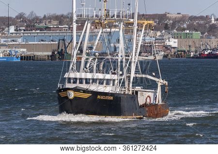 New Bedford, Massachusetts, Usa - April 14, 2020: Scalloper Maelstrom Crossing New Bedford Inner Har