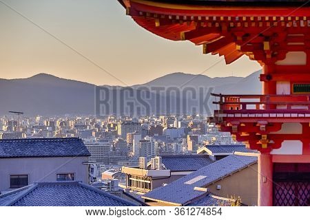 Japanese Heritage. One Of The Wings Of Kiyomizu-dera Temple Against Kyoto In Background. Horizontal 