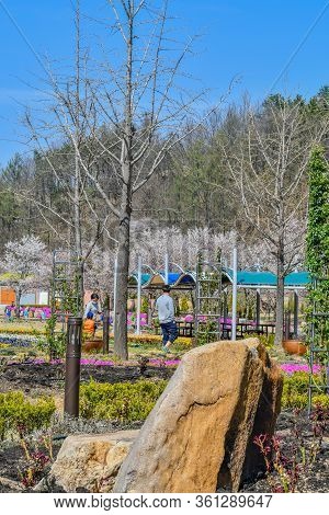 Hwanggan, South Korea; April 14, 2020: Unidentified People Walking Through No Gun Ri Peace Park On S
