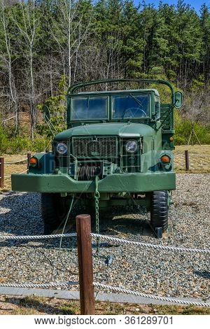 Hwanggan, South Korea; April 14, 2020: Olive Green K-511 Truck Used In Korean War On Display At No G