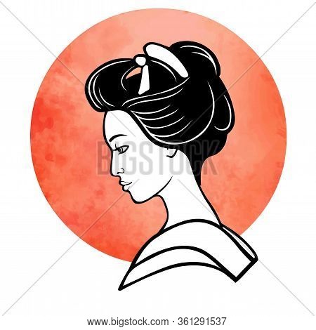 Realistic Portrait Of The Young Japanese Girl An Ancient Hairstyle. Geisha, Maiko, Princess. Backgro