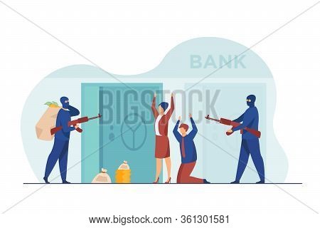 Gangsters With Gun Robbing Bank. Criminals Aiming Riffle At Workers, Taking Bags With Money. Vector 