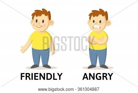 Words Friendly And Angry Flashcard With Cartoon Boy Characters. Opposite Adjectives Explanation Card