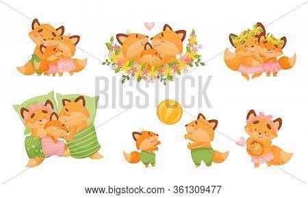 Happy Fox Family With Father Fox Playing Ball With His Little Cub Vector Set