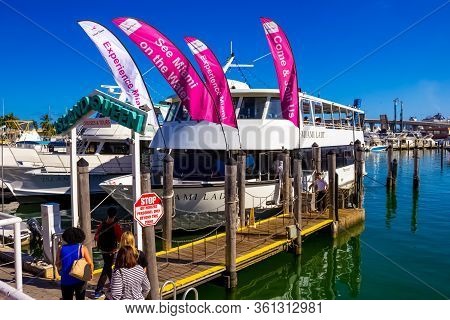 Miami, Usa - November 30, 2019: Biscane Lady Commuter Boat In The Miami Harbor