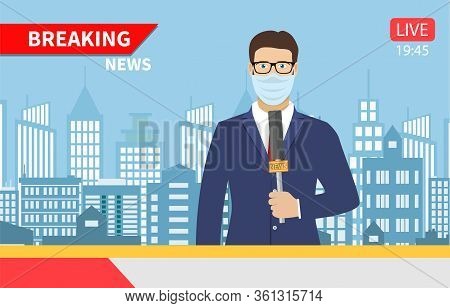 Tv News Anchorman. News Anchor Broadcasting The News With A Reporter With Medical Mask Live On Scree