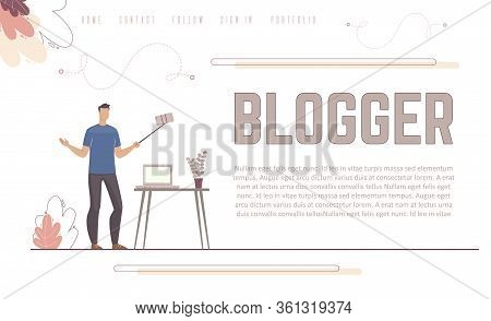 Website Page About Profession Blogger Meaning. Man Stand Near Desktop And Tell Subscriber About His 