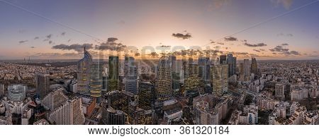 Paris, France - December 09, 2019: Aerial Panoramic Drone Shot Of La Defense Skycraper Cbd Complex W