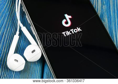 Helsinki, Finland,  May 4, 2019: Tik Tok Application Icon On Apple Iphone X Screen Close-up. Tik Tok