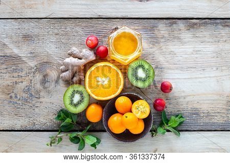 Set Of Products To Boost The Immune System. Honey, Lemon, Nuts, Ginger To Immunity Boosting. Top Vie
