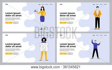 Service Job And Protest Campaign Set. Waiter With Tray, Stewardess, Activist With Poster. Flat Vecto