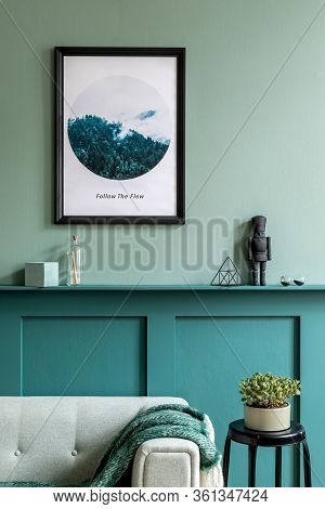 Stylish Interior Of Living Room With Mock Up Poster Frame, Mint Sofa, Furniture, Plants, Decoration
