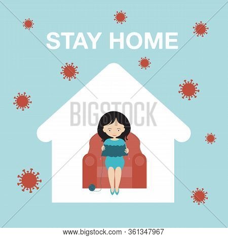 Cartoon Flat Design Illustration Of Family With Child. Little Girl Working On Computer, Mother Knits