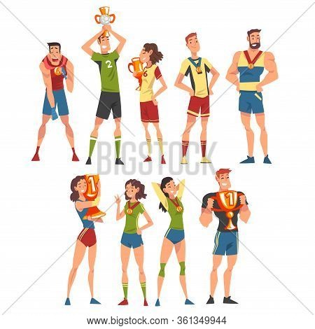 Athletes Of Various Sports Disciplines Celebrating Victory Collection, Happy Sportspersons Posing Wi