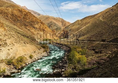 Kokemeren River, Mountain River In The Naryn Region Of Kyrgyzstan.