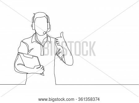 Single Line Drawing Of Young Happy Field Project Manager Wearing Headset And Carrying Clipboard Whil