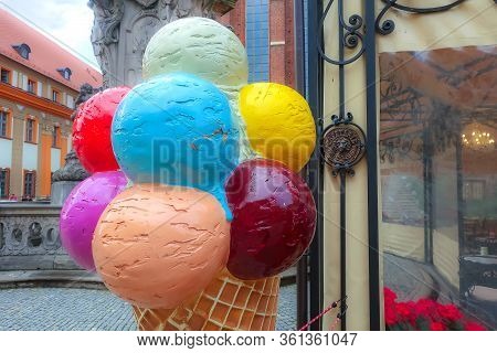 Wroclaw, Poland - June 21, 2019: Colorful Plastic Ice Cream Cone, Close-up View