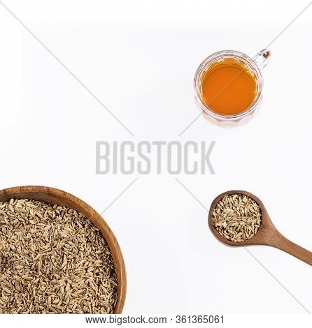 Infusion Of Fennel Seeds - Foeniculum Vulgare. White Background