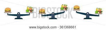 Set Vegetables And Fast Food On Scales Isolated On White Background. Weight Loss, Healthy Lifestyles