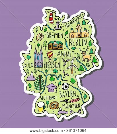 Colored Sticker Of Colored Hand Drawn Doodle Germany Map. German City Names Lettering And Cartoon La