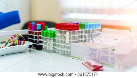 Test Tubes For Blood On A Tray. Blood Laboratory. Illness Testing. Emergency Testing. Virus Infectio