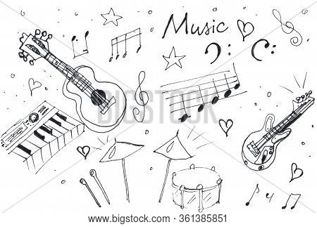 Music In Doodle Style. Hand Drawn Line Art.