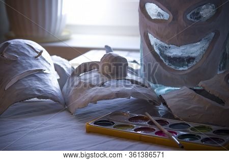 Creepy Papier Mache Masks Made With Your Own Hands. Handmade Paper And Dough. Masks For The Holiday.