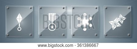 Set Japanese Ninja Shuriken, Police Badge, Military Reward Medal And Japanese Ninja Shuriken. Square