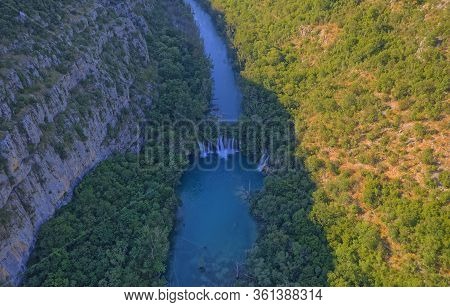 Aerial View Of The Canyon Of Waterfall Located In Promina County At Dalmatian Zagora In Croatian Nat