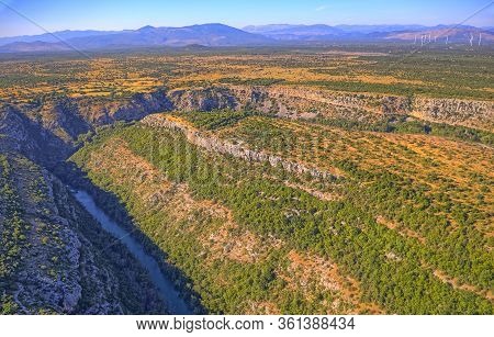 Aerial View Of The Krka River Canyon Located In Promina County At Dalmatian Zagora In Croatian Natio