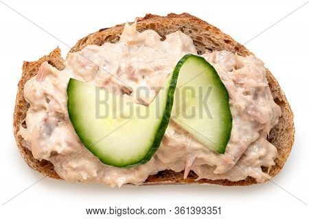 Tuna Mayonnaise With Cucumber Garnish On Wholewheat Rustic Bread Isolated On White. Top View.
