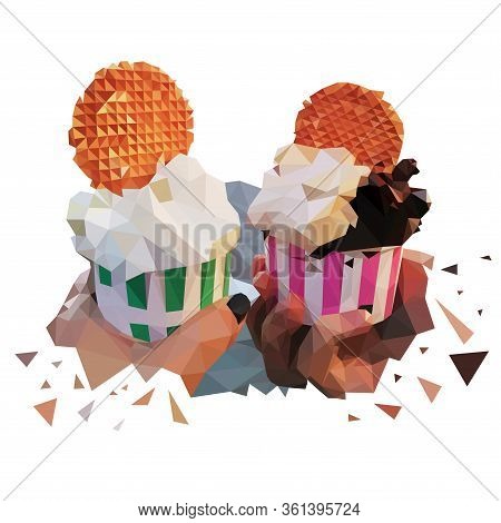 Geometric Ice Cream With Drops. Polygonal Romantic Illustration With Street Food. Ice Cream In A Cup