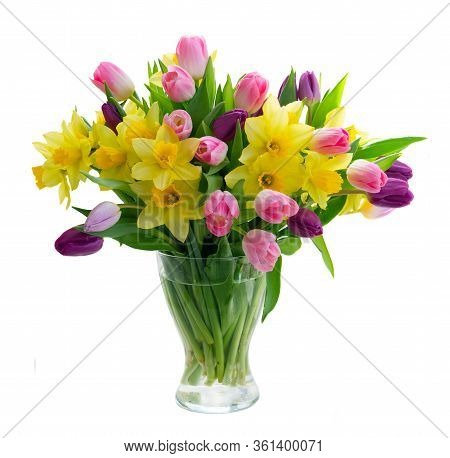 Tulips And Daffodils Flowers In Vase Isolated On White Background
