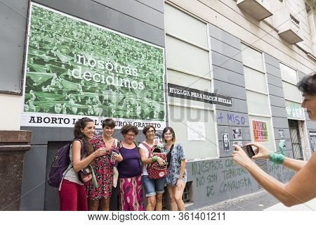 Caba, Buenos Aires / Argentina; March 9, 2020: International Womens Day. Women Taking A Picture In F
