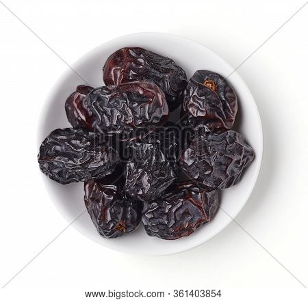 Bowl Of Dates Isolated On White, From Above