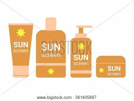 Set Sunscreen Bottle. Sunblock Moisturizer Lotion Cream. Suncream Protection Cosmetic Tube Uv, Solar